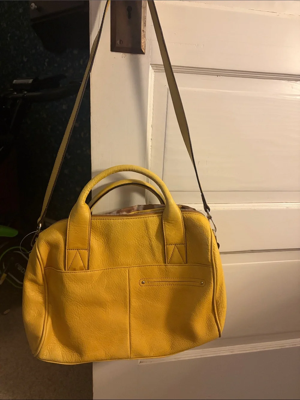 B Makowsky Yellow Leather Satchel Handbag with Shoulder Strap